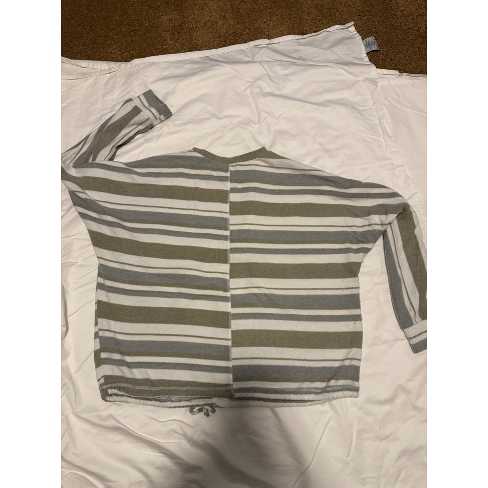BKE Womens XL Striped Long Sleeve Pullover Drawstring Hem Top Olive Grey White